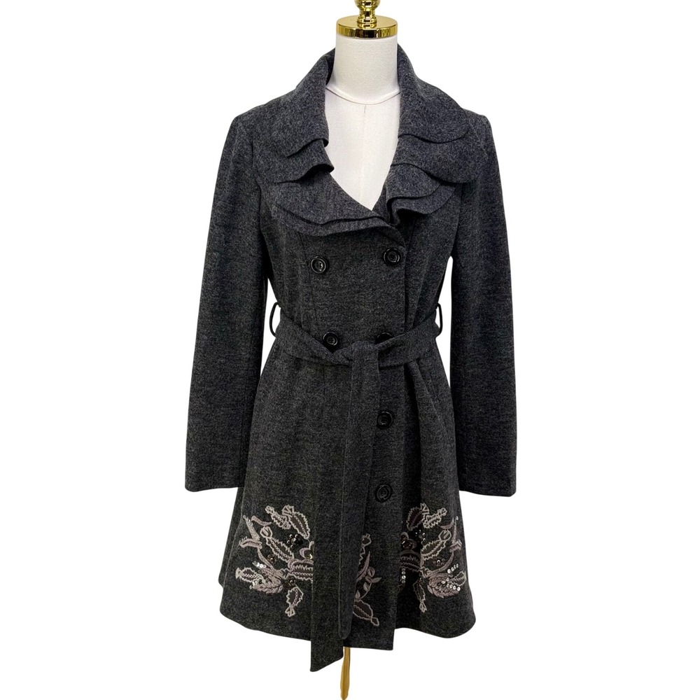 Lulumari Whimsigoth Wool Blend Ruffle Collar Embroidered Jeweled Trench Coat L